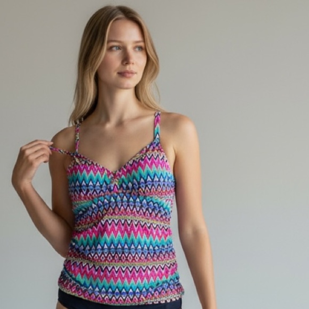 Surfside Supply Slimming Ruched Tankini Top in Multi-Color Chevron Print